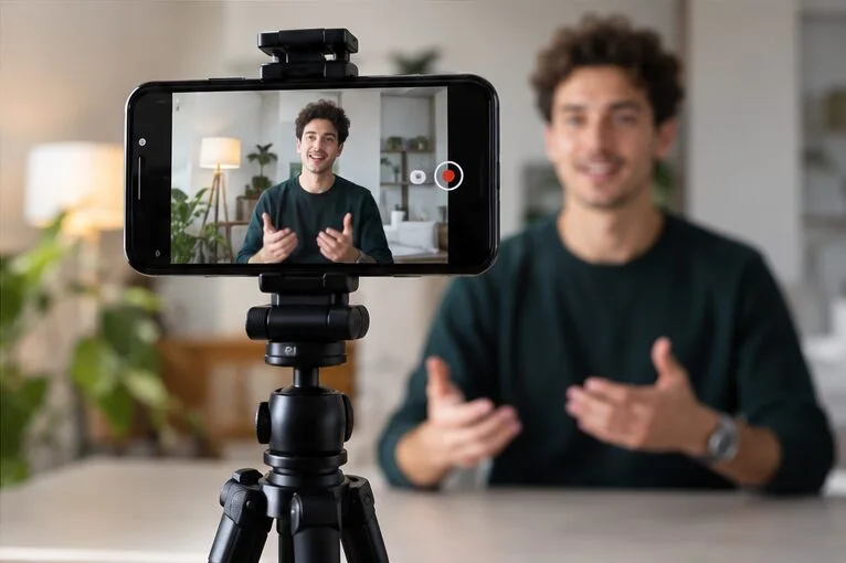 A smartphone sits on a tripod recording a person in a room with even indoor lighting