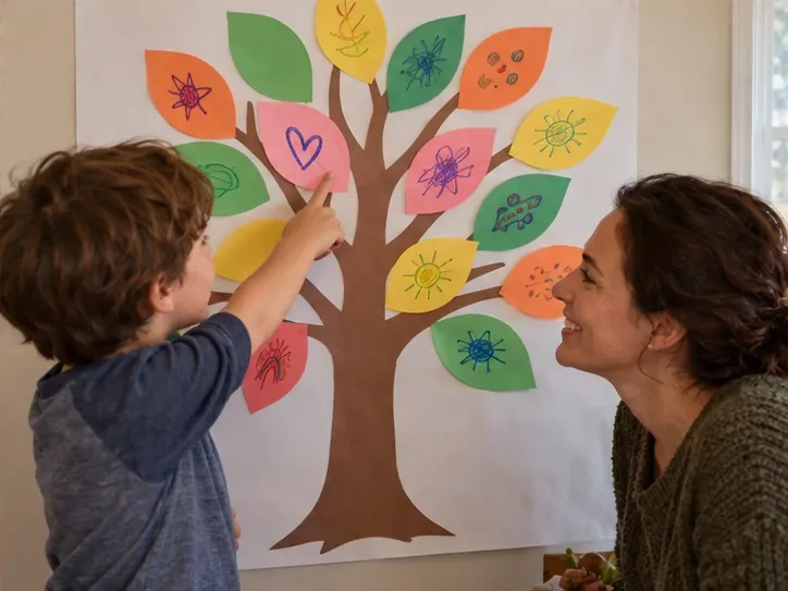 A child points to a leaf on a completed paper tree while a parent listens at the child’s eye level.
