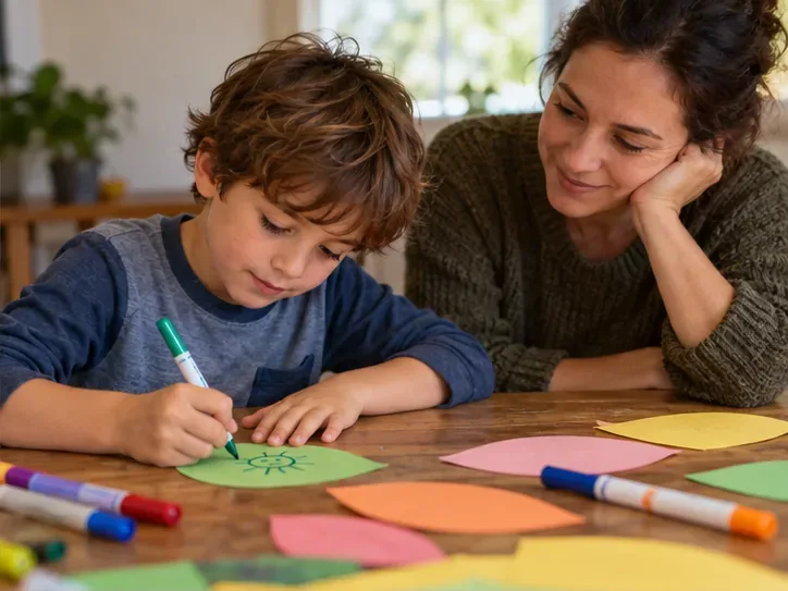 A child draws a picture on a paper leaf while a parent watches quietly beside them.