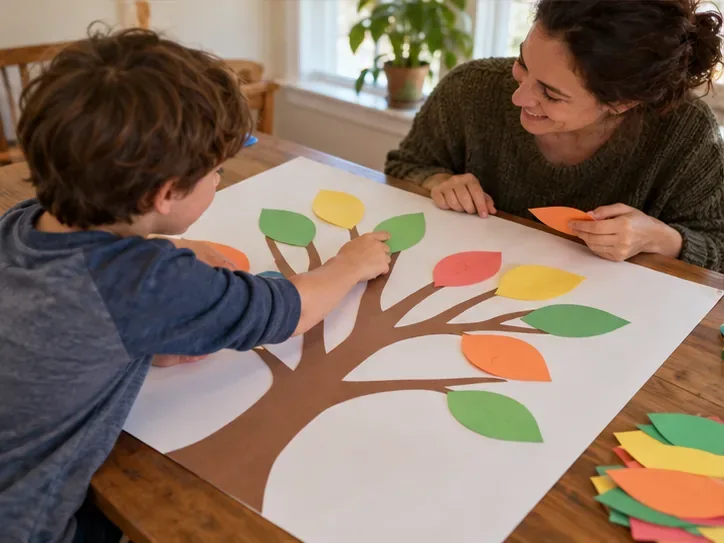 A child and parent arrange colorful paper leaves on a large poster with a tree trunk.